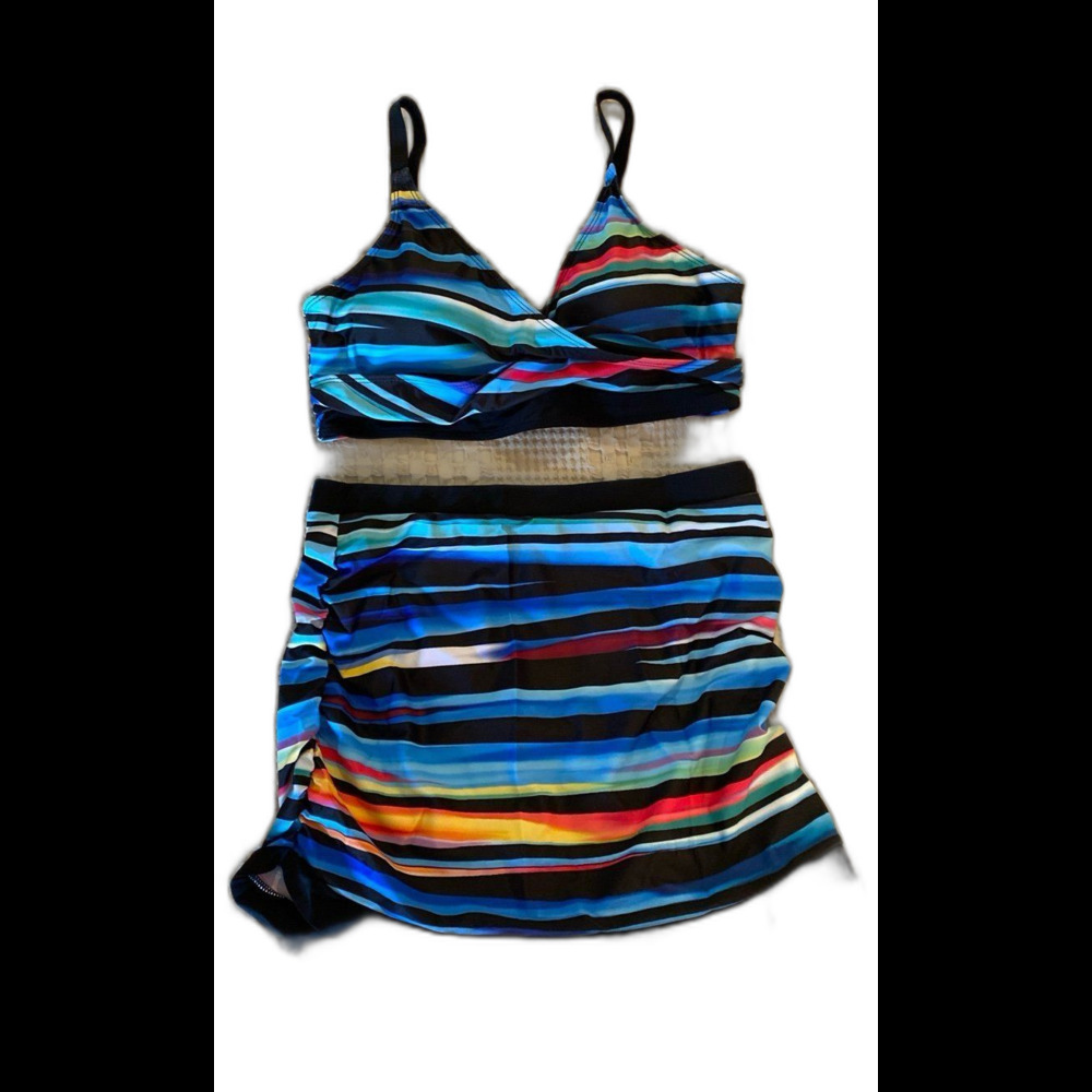 NEW 3 Piece Bikini Swimsuit Plus‎ Size XL Womens Blue Pink Stripes Skirt Set